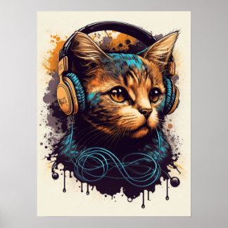 Poster DJ Cat com Fones de ouvido