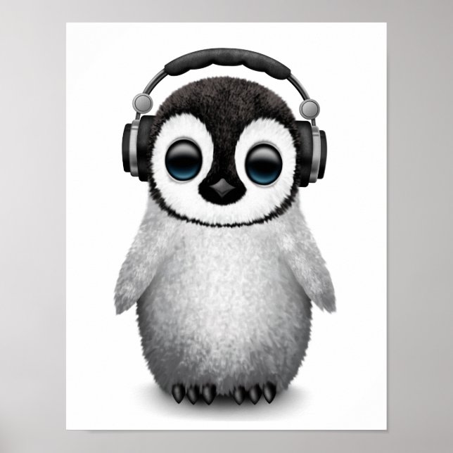 Pôster Dj de Pinguim-Bebê Cute Personalizável com Fones d (Frente)