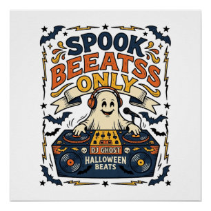 Pôster DJ Fantasma Spooky Beats Gravura Vintage Halloween
