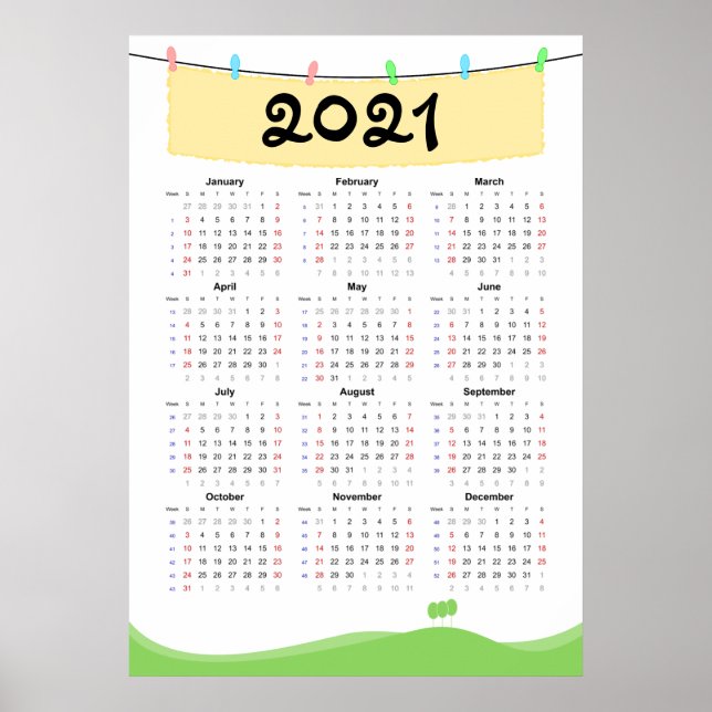 Poster do Calendário 2021 - Início de Domingo (Frente)