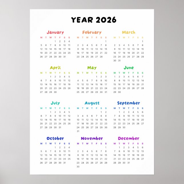 Poster do Calendário Minimalista do Rainbow 2026 (Frente)