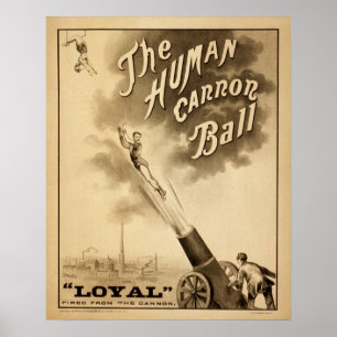 Poster do circo do vintage a bola de canhão human