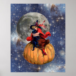 Poster do Dia das Bruxas da lua da menina e do