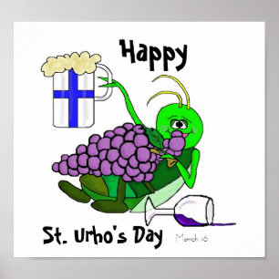 Poster do dia do St. Urho com gafanhoto bêbedo