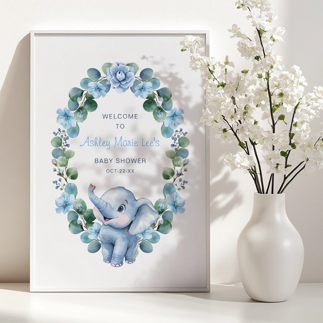 Poster do Elefante Azul - Flor de Aquarela (Baby Shower Welcome Sign)