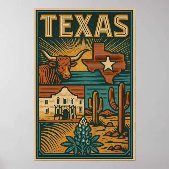 Poster do Estado do Texas - Arte de Muro Inspirada (Frente)