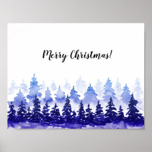 Poster do Feliz Natal. Paisagem azul do inverno