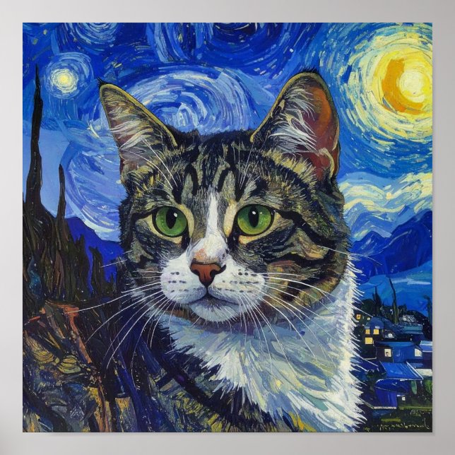 Pôster do Gato na Noite Estrelada de Vincent Van G (Frente)