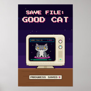 Pôster do Gato Pixel Retro para Sala de Jogador de