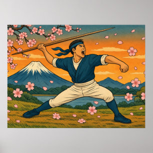 Pôster do Guerreiro Japonês com Lança e Monte Fuji