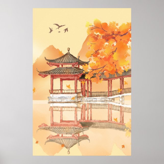 Poster do Lago Pavilion Autumn Country Scenery (Frente)