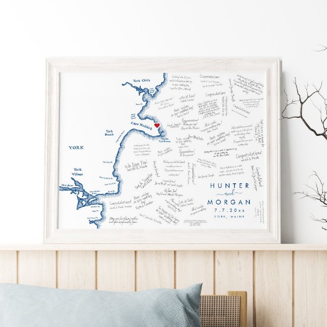 Poster do Livro Convidado do Mapa Moderno do New Y (This York Maine Map guestbook poster is perfect for your destination wedding to Cape Neddick)