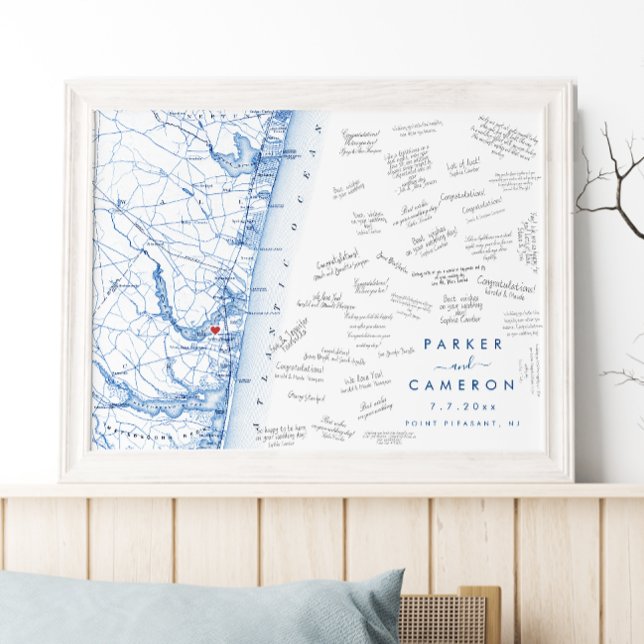 Poster do Livro de Convidado do Mapa de Casamento  (Point Pleasant NJ Map Wedding guest book poster in modern navy blue from Coastal Map Designs)