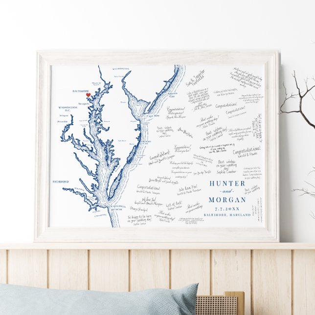 Poster do Livro de Convidado do Mapa Elegante de C (Baltimore Maryland Map weddign guest book poster  w/navy blue Chesapeake Bay by Coastal Map Designs)