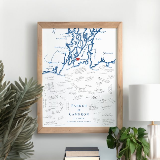 Poster do Livro de Convidado Elegante do Newport R (Newport RI Wedding Alternative Guest Book Poster Print in elegant navy blue from Coastal Map Designs)