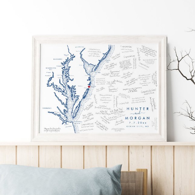 Poster do Livro de Convidados do Mapa Moderno do A (This Ocean City Maryland map poster makes a perfect guest book for your destination wedding)