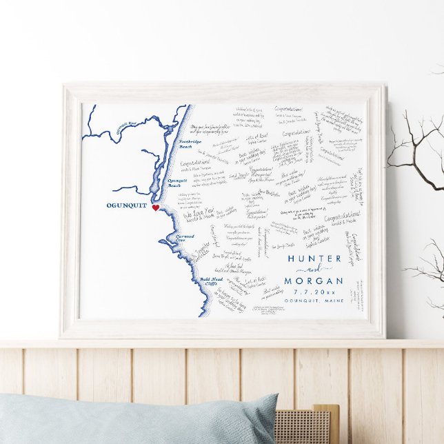 Poster do Livro de Convidados Moderno do Casamento (This Ogunquit Maine map wedding guest book poster is perfect for your Maine destination wedding)
