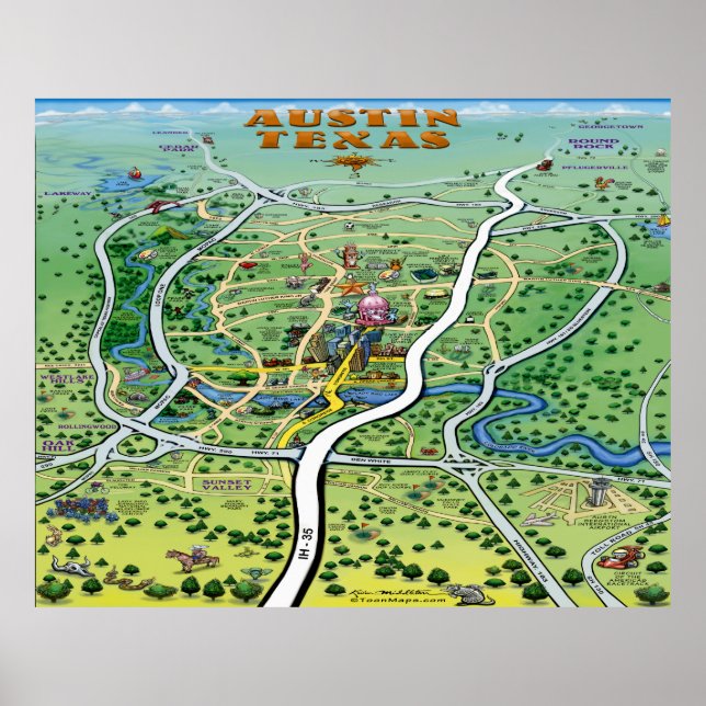 Poster do Mapa de Cartoons de Austin Texas (Frente)