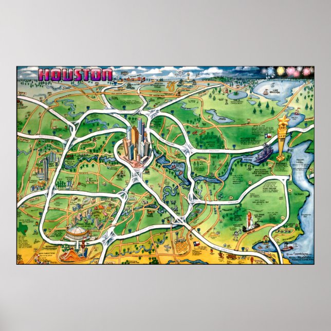 Poster do Mapa de Cartoons de Houston Texas (Frente)