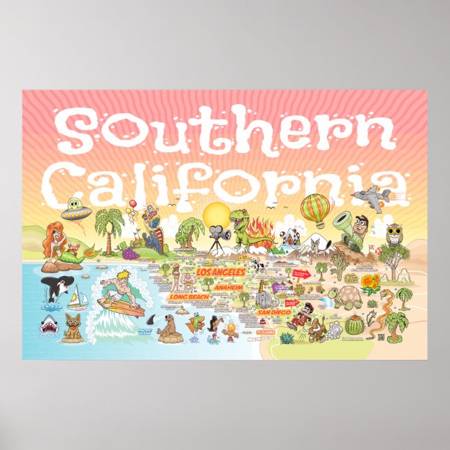 Poster do Mapa do Cartoon do Sul da Califórnia (Frente)