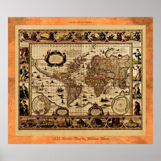 poster do Mapa do Mundo Antigo em 1635 (Frente)