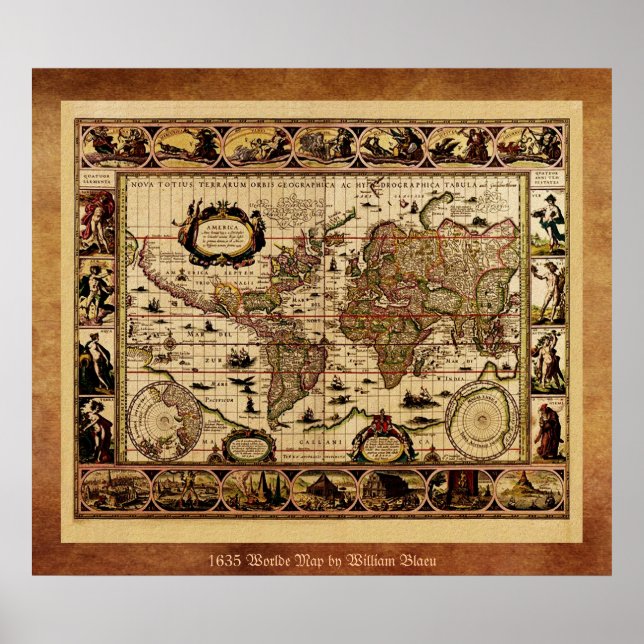 poster do Mapa do Mundo Antigo em 1635 (Frente)