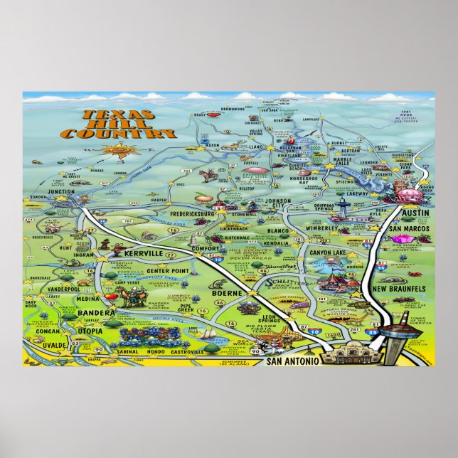 Poster do Mapa do Texas Hill Country (Frente)