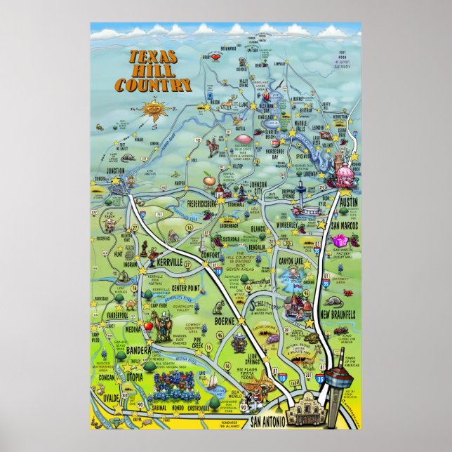 Poster do Mapa do Texas Hill Country (Frente)
