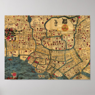 Poster do mapa japonês da Baía de Tóquio, período