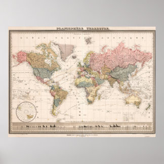 Pôster do Mapa Mundial Cores Baunilha Vintage