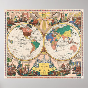 Pôster do Mapa Mundial em Arte Deco Retrô