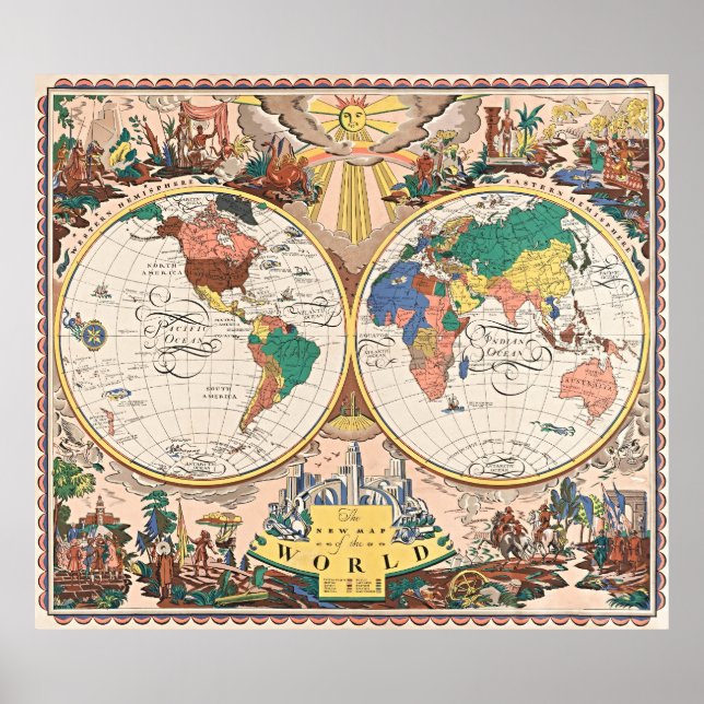 Pôster do Mapa Mundial em Arte Deco Retrô (Frente)