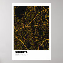 Poster Do Mapa Shibuya - Mapa Preto E Ouro De Tóqu