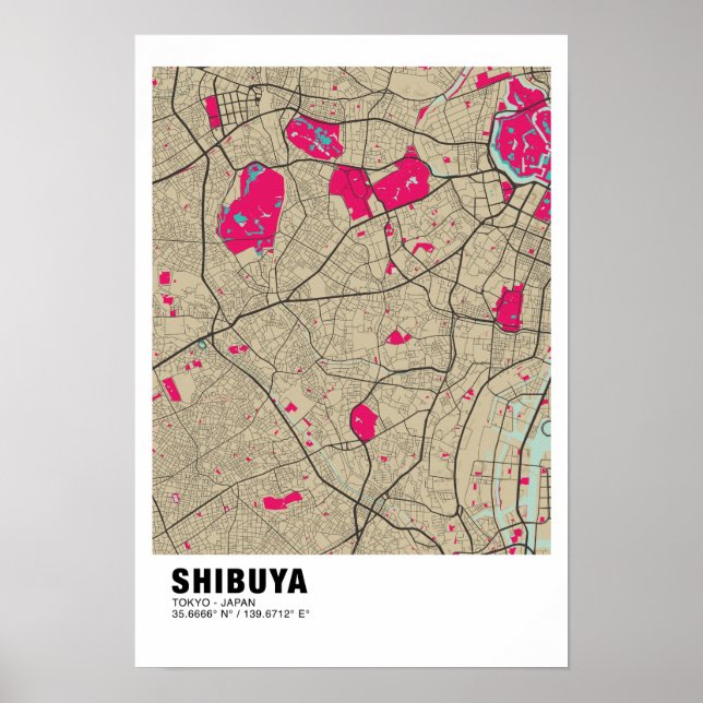 Poster do Mapa Shibuya - Mapa Rosa Na moda de Tóqu (Frente)
