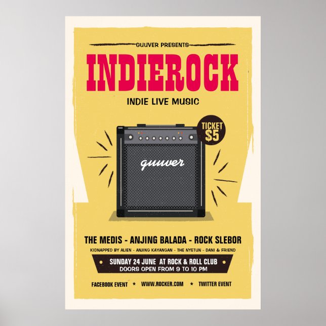 Poster do Partido Música Rock Indie, Retro Vintage (Frente)
