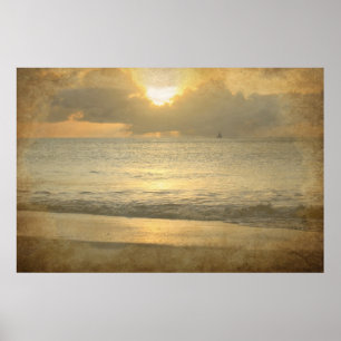 Poster do por do sol da praia do vintage