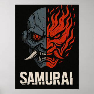 Pôster do Samurai com Máscara Oni Dividida