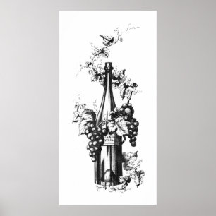 Pôster Do vintage garrafa 1873 de vinho com uvas e folhas