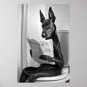 Poster Doberman no Banheiro, Jornal, Arte Engraçada de Ba