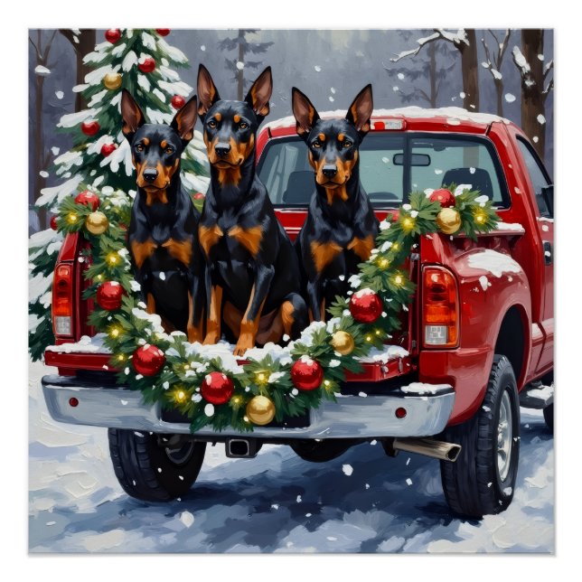 Pôster Doberman Pinscher Christmas Red Truck Holiday (Frente)