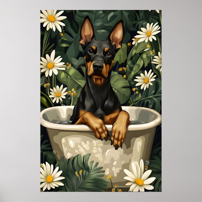 Poster Doberman Pinscher In Bathtub Poster, Funny Dog (Frente)