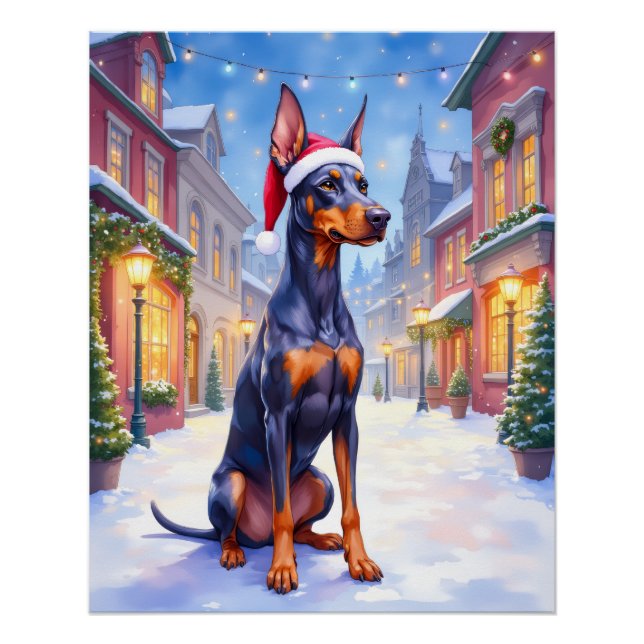 Pôster Doberman Pinscher Snowy Village Santa Hat Christma (Frente)