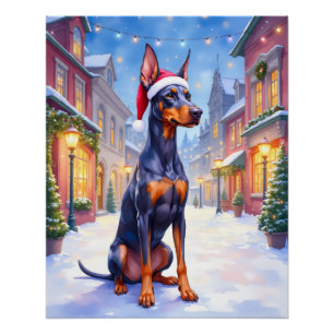 Pôster Doberman Pinscher Vila Nevada Chapéu de Papai Noel