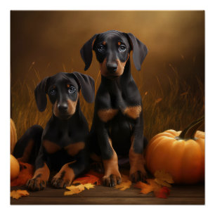 Pôster Doberman Puppy Autumn Delight Pumpkin