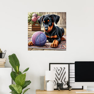 Poster Doberman Puppy com Yarn Ball em um tapete colorido