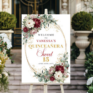Poster Doce 15 Borgonha Floral Dourado Quinceanera Bem-Vi