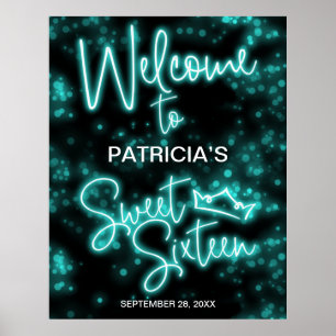Poster Doce 16 Aniversário Teal Neon Glow Sinal de Boas-v