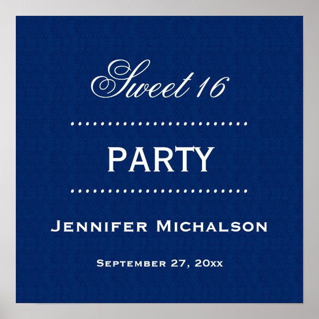 Pôster Doce 16 Azul clássico de aniversário e branco A06 (Frente)