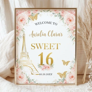 Poster Doce 16 Blush Floral Paris Eiffel Champagne