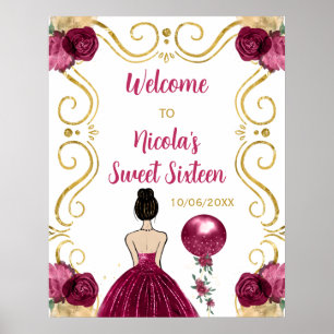 Poster Doce 16 Brown Hair Princesa Burgundy Boas-vindas